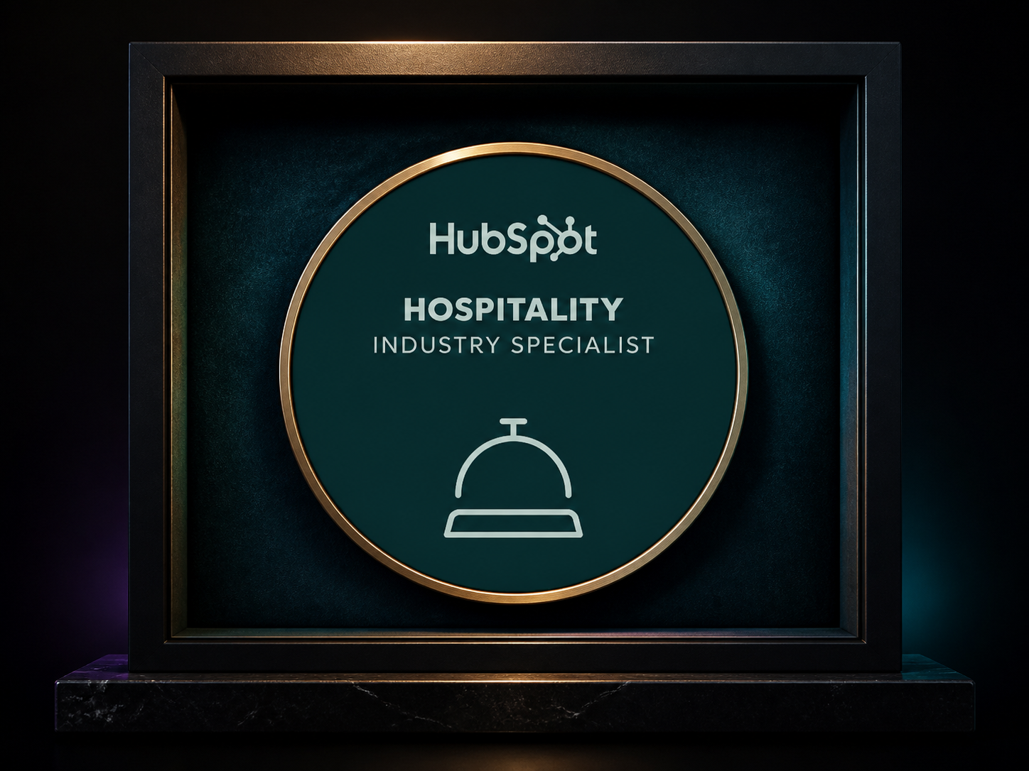 HubSpot Hospitality Industry Specialist badge presented in an elegant luxury frame