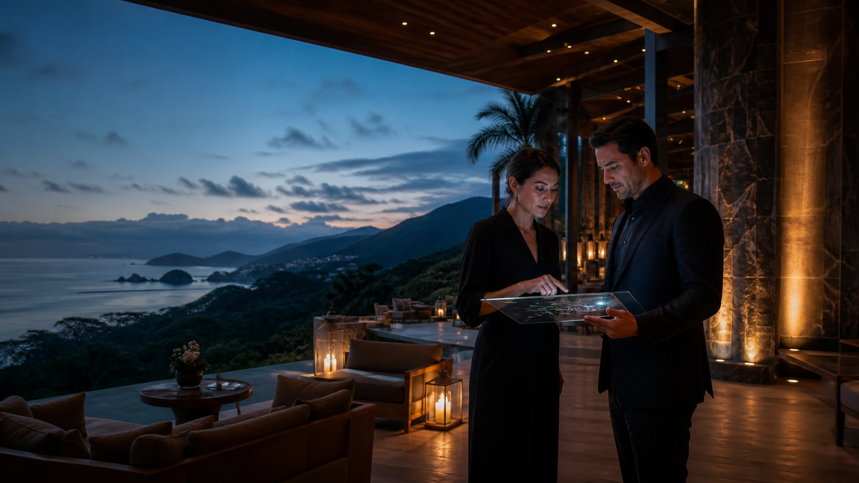 Luxury hospitality executives reviewing a connected guest journey at a resort